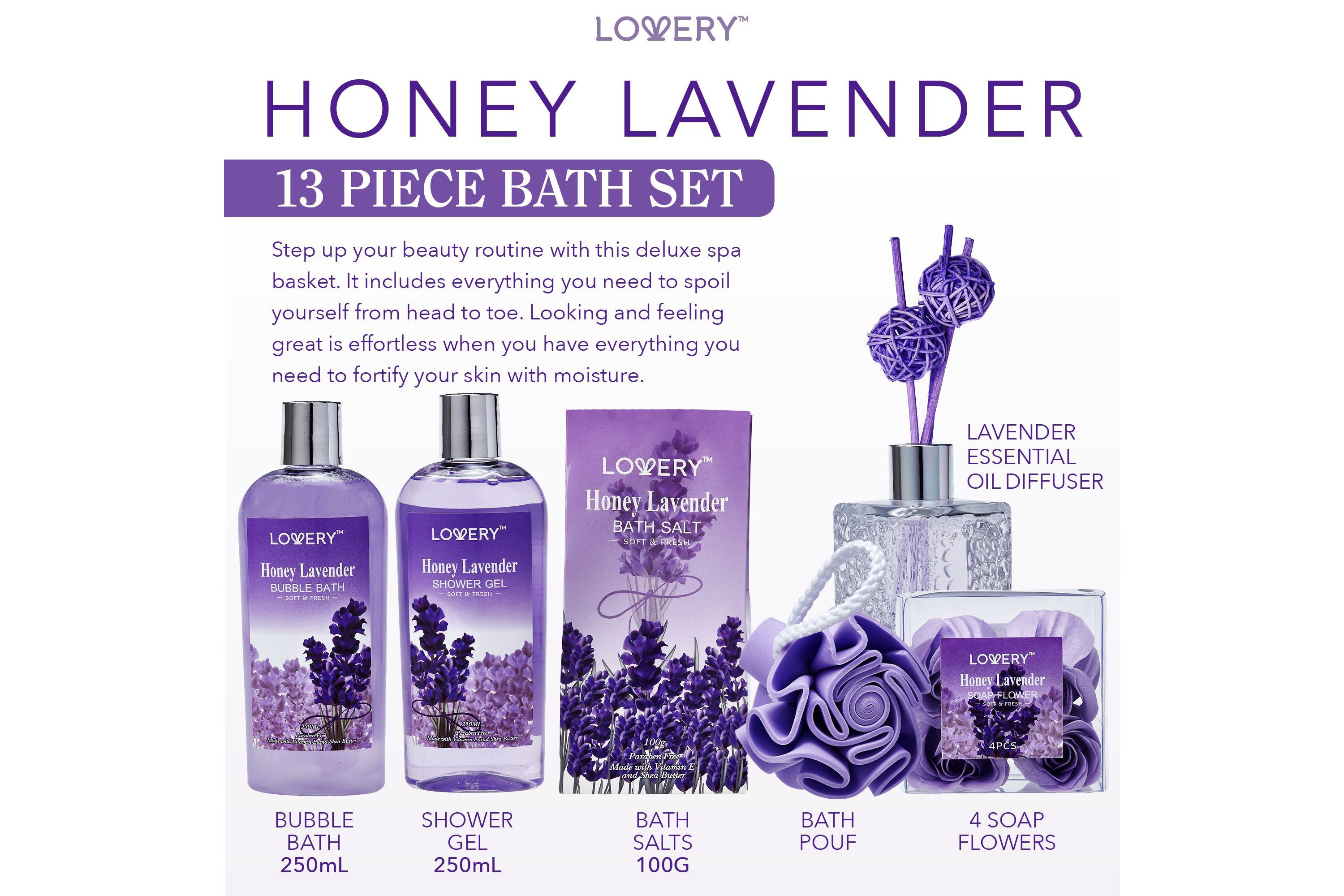 Bath And Body Gift - Honey Lavender Scent - Essential Oil Diffuser - 13pc