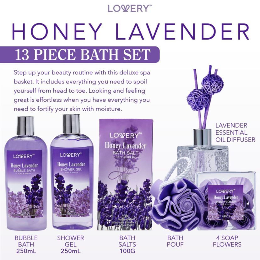 Bath And Body Gift - Honey Lavender Scent - Essential Oil Diffuser - 13pc