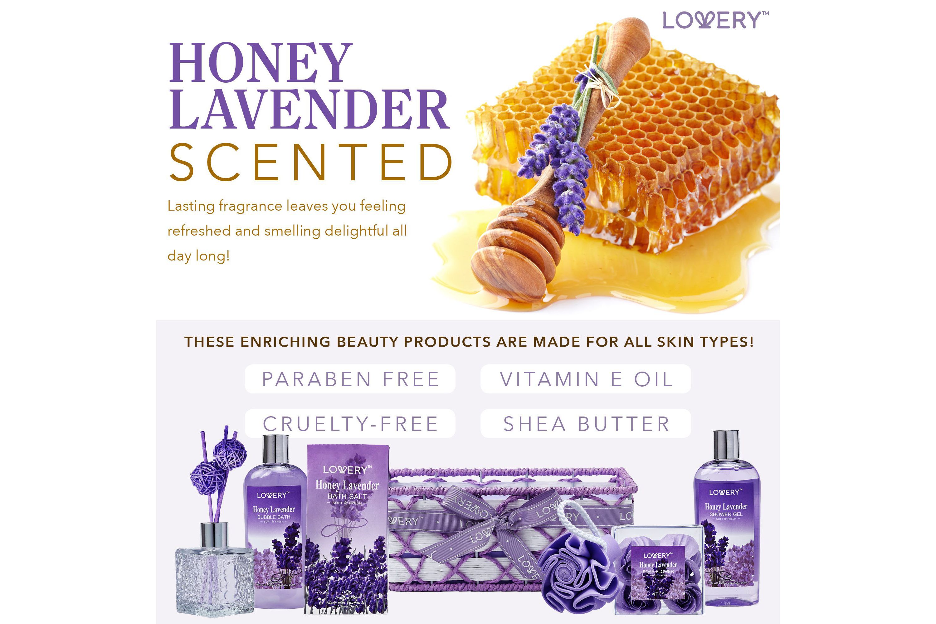 Bath And Body Gift - Honey Lavender Scent - Essential Oil Diffuser - 13pc