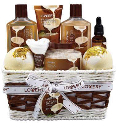 Bath and Body Gift Basket -Vanilla Coconut Home Spa - 9pc Set