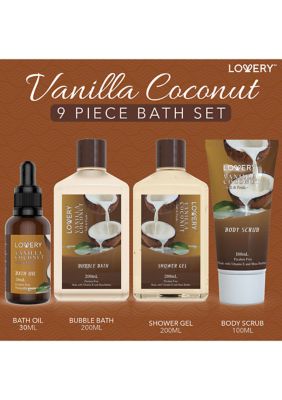 Bath and Body Gift Basket -Vanilla Coconut Home Spa - 9pc Set