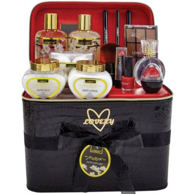 Lovery Premium Bath & Body Gift Basket - Jasmine Scent - Home Spa & Makeup Set - 30pc, Black