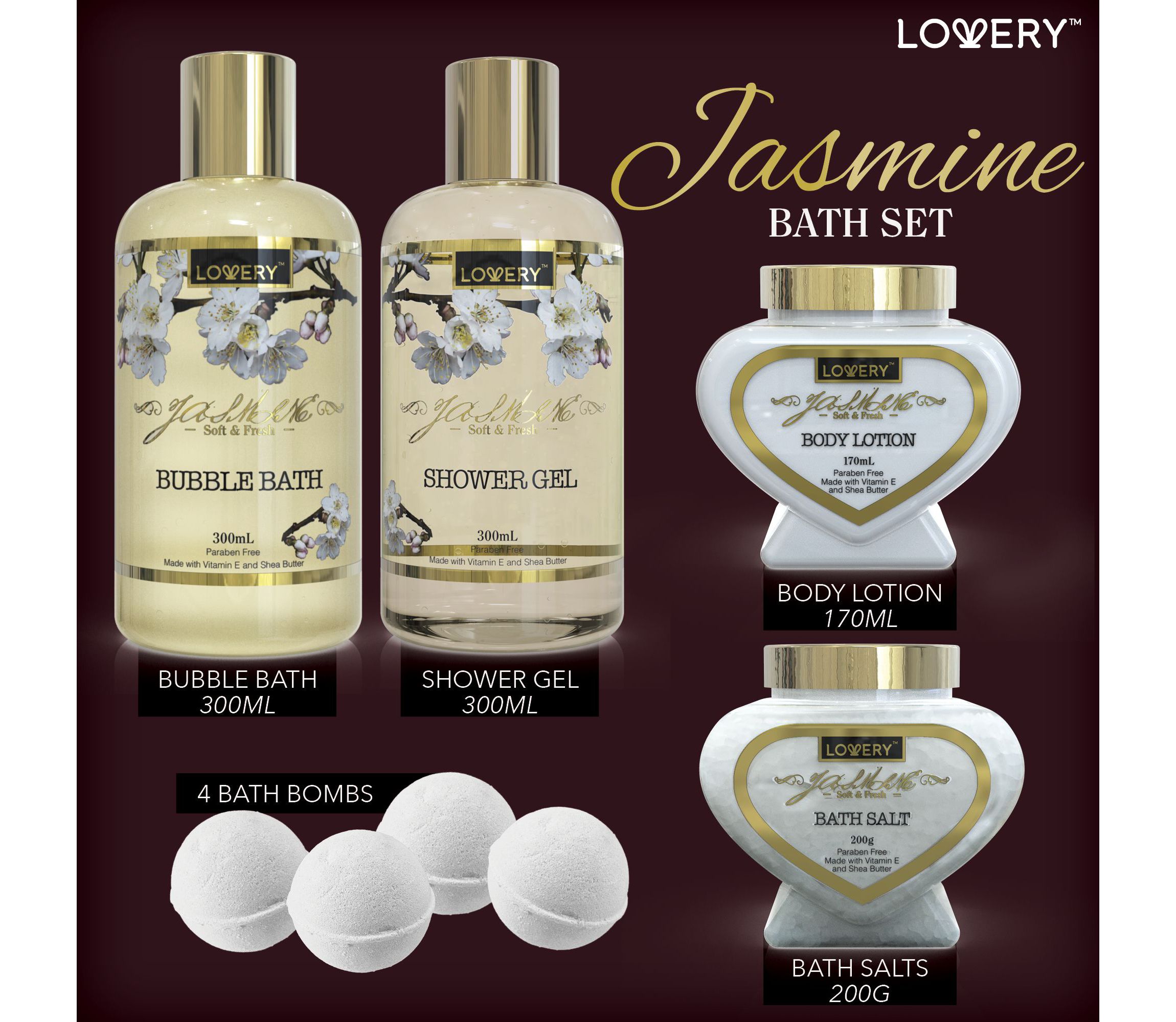 Lovery Premium Bath & Body Gift Basket - Jasmine Scent - Home Spa & Makeup Set - 30pc
