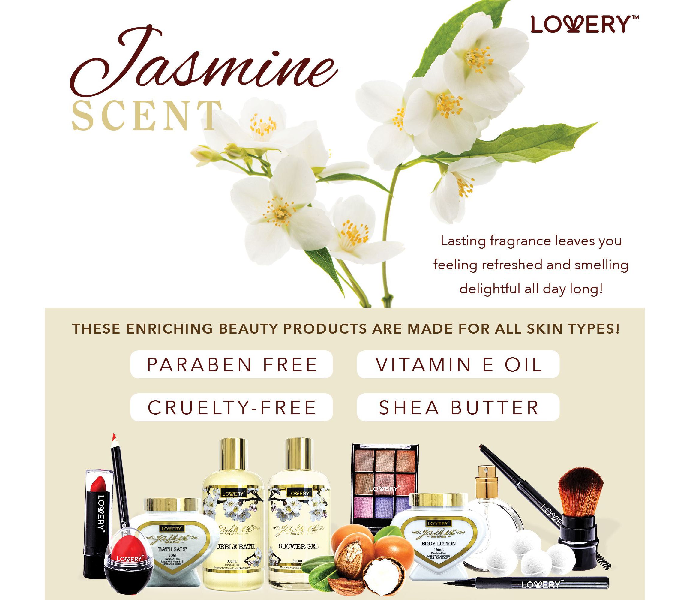 Lovery Premium Bath & Body Gift Basket - Jasmine Scent - Home Spa & Makeup Set - 30pc
