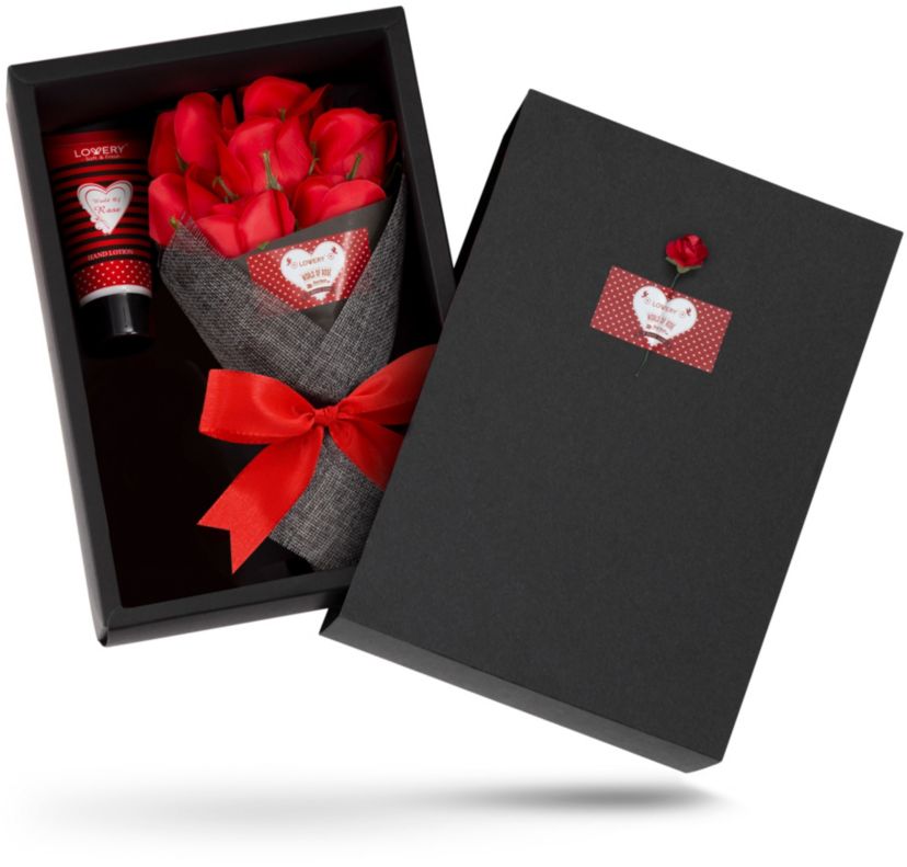 Lovery Bath & Body Gift Basket - Plant Essential Oil Home Set - Red Rose Petal Soaps