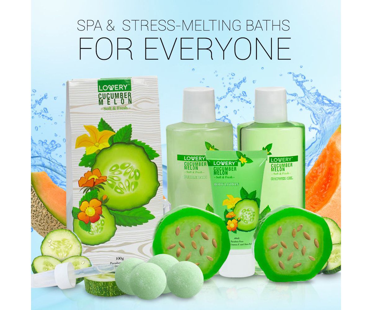Lovery Home Spa Gift Set - Aromatherapy Kit - Natural Cucumber & Organic Melon - 12 pc