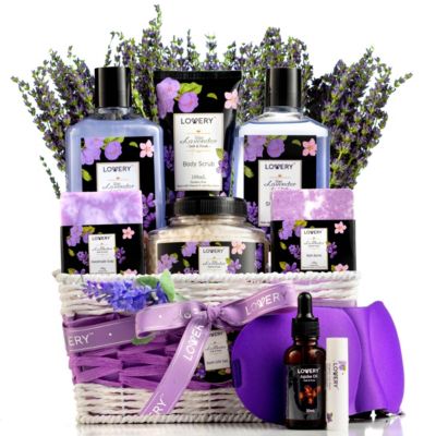Lovery Lavender & Lilac Spa Gift Basket with Sleep Mask - Bath and Body Self Care Package for Men and Women, Purple