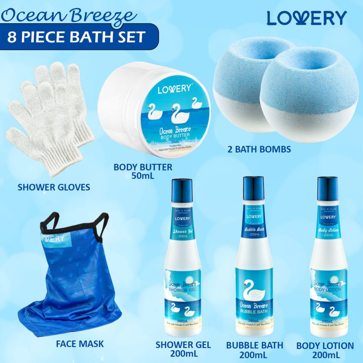Lovery Bath Set - Ocean Breeze Scent - Home Spa Gift Basket -10pc set