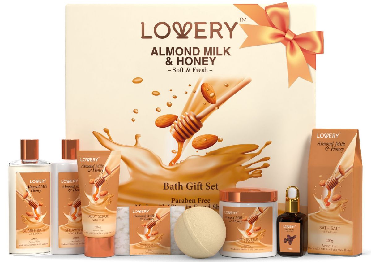 Lovery Bath Gift Set - Almond Milk & Honey Spa - With Handmade Oatmeal Soap & More