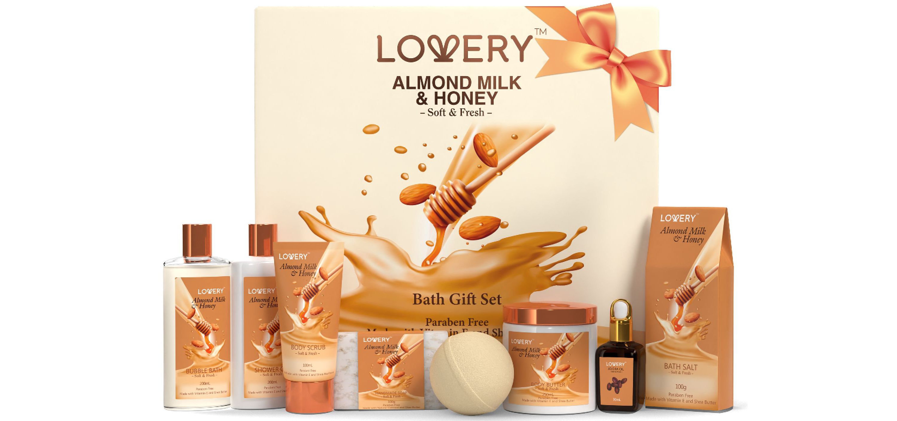 Lovery Bath Gift Set - Almond Milk & Honey Spa - With Handmade Oatmeal Soap & More