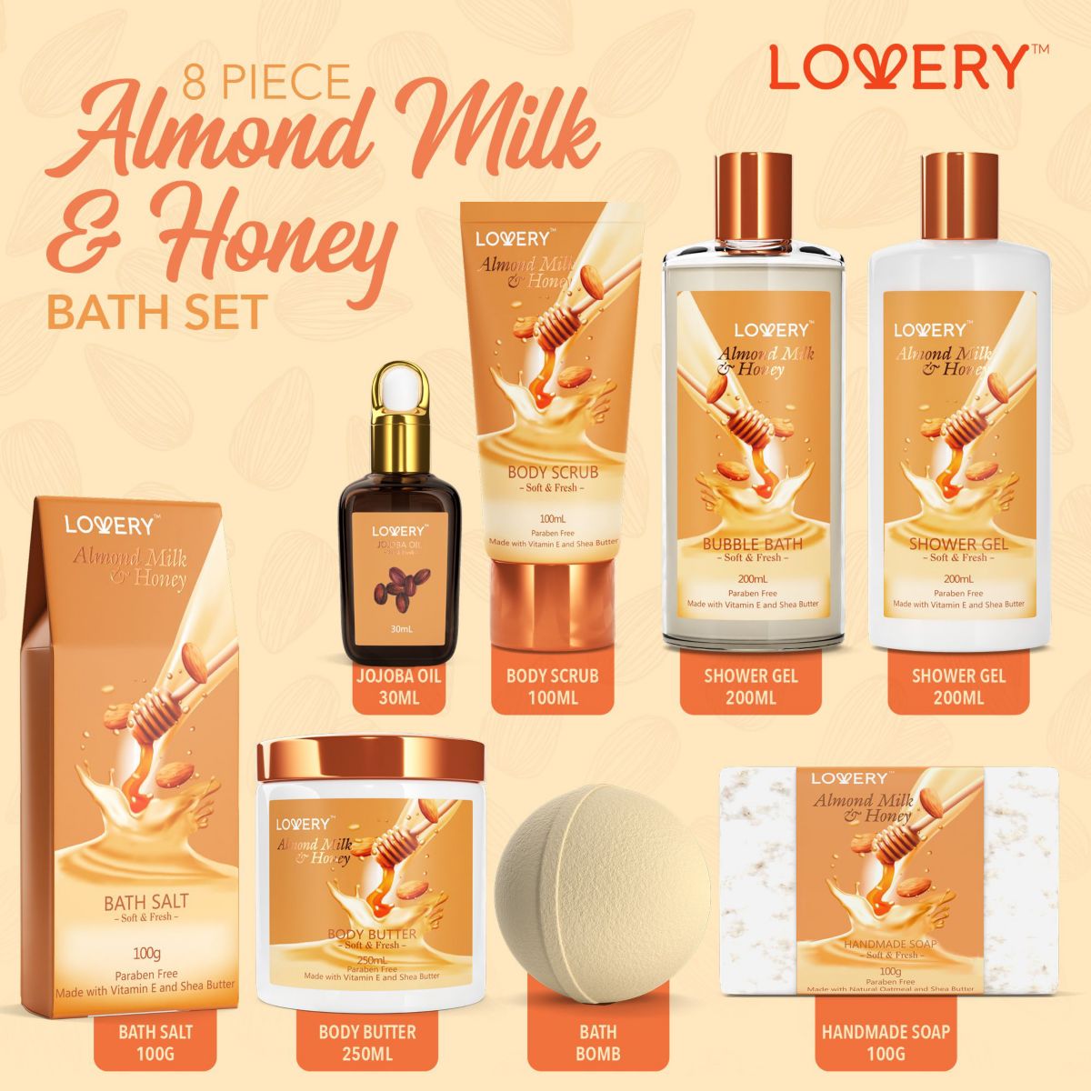 Lovery Bath Gift Set - Almond Milk & Honey Spa - With Handmade Oatmeal Soap & More