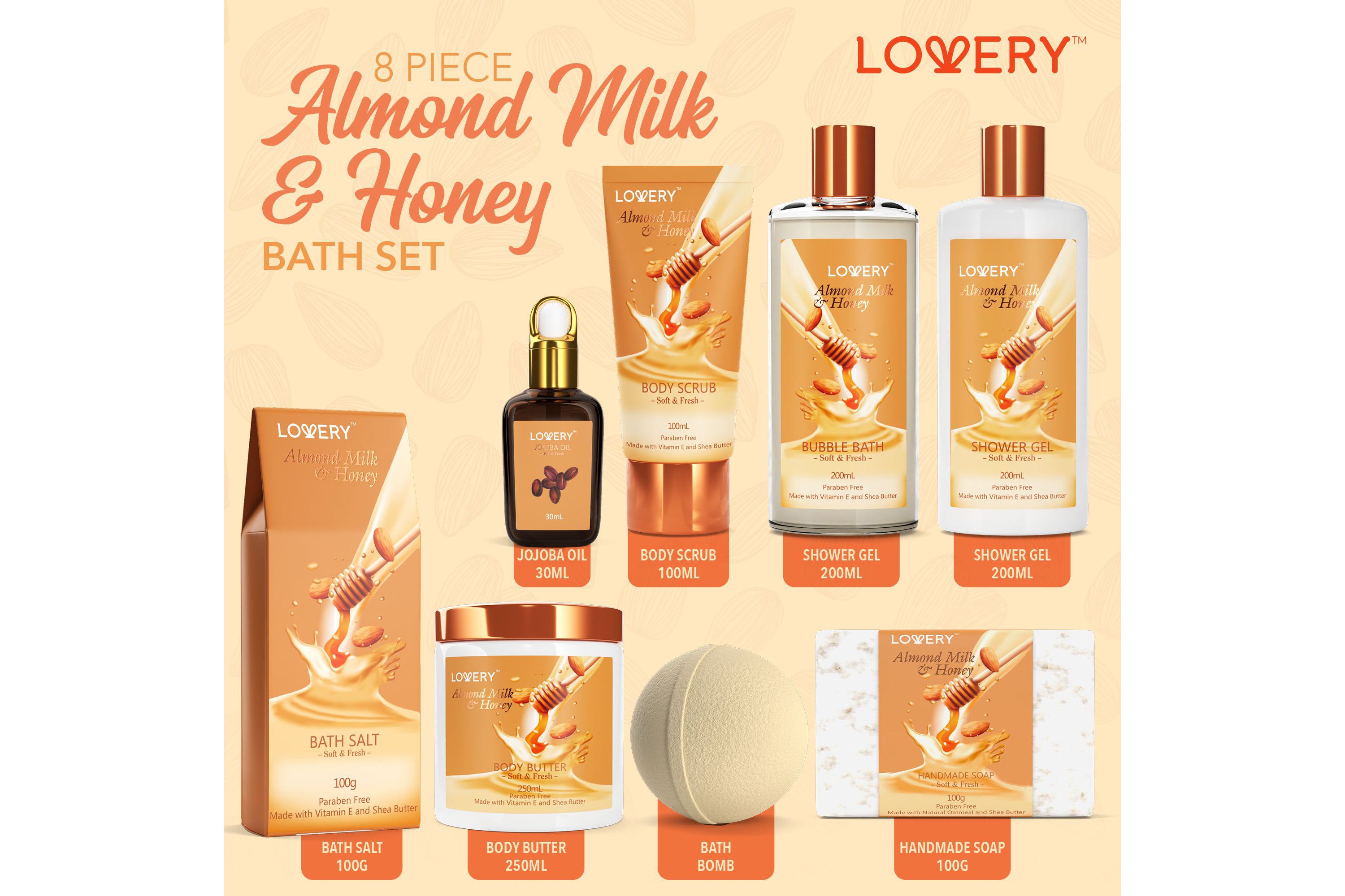 Lovery Bath Gift Set - Almond Milk & Honey Spa - With Handmade Oatmeal Soap & More
