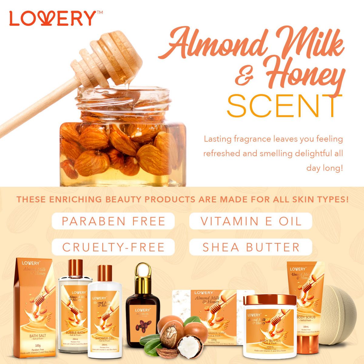 Lovery Bath Gift Set - Almond Milk & Honey Spa - With Handmade Oatmeal Soap & More