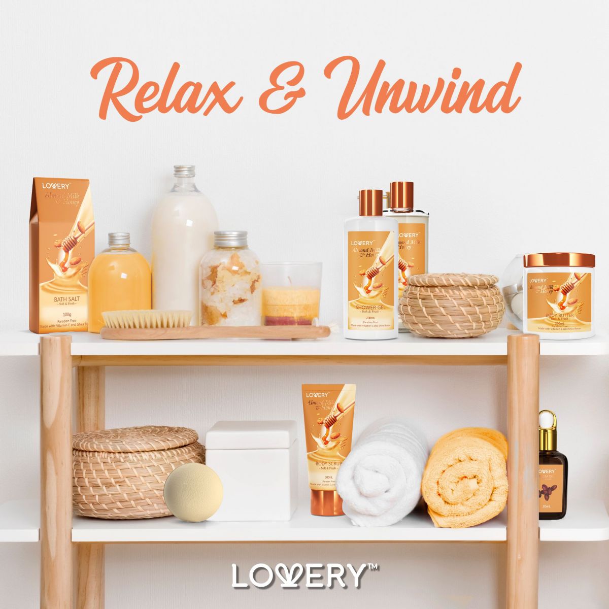 Lovery Bath Gift Set - Almond Milk & Honey Spa - With Handmade Oatmeal Soap & More
