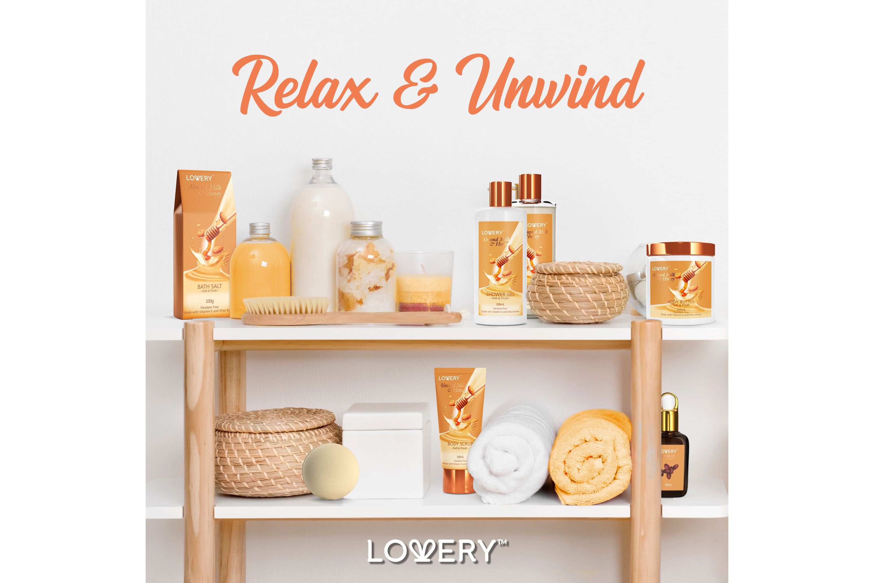 Lovery Bath Gift Set - Almond Milk & Honey Spa - With Handmade Oatmeal Soap & More