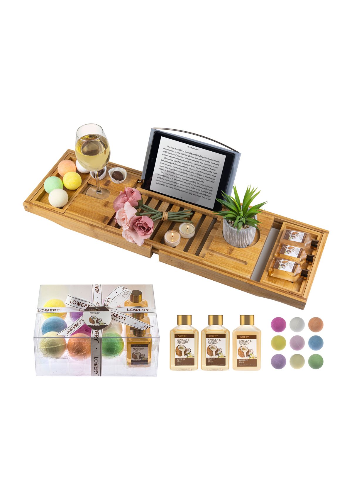 Lovery Premium Bamboo Bathtub Caddy Gift Set - Expandable Tray