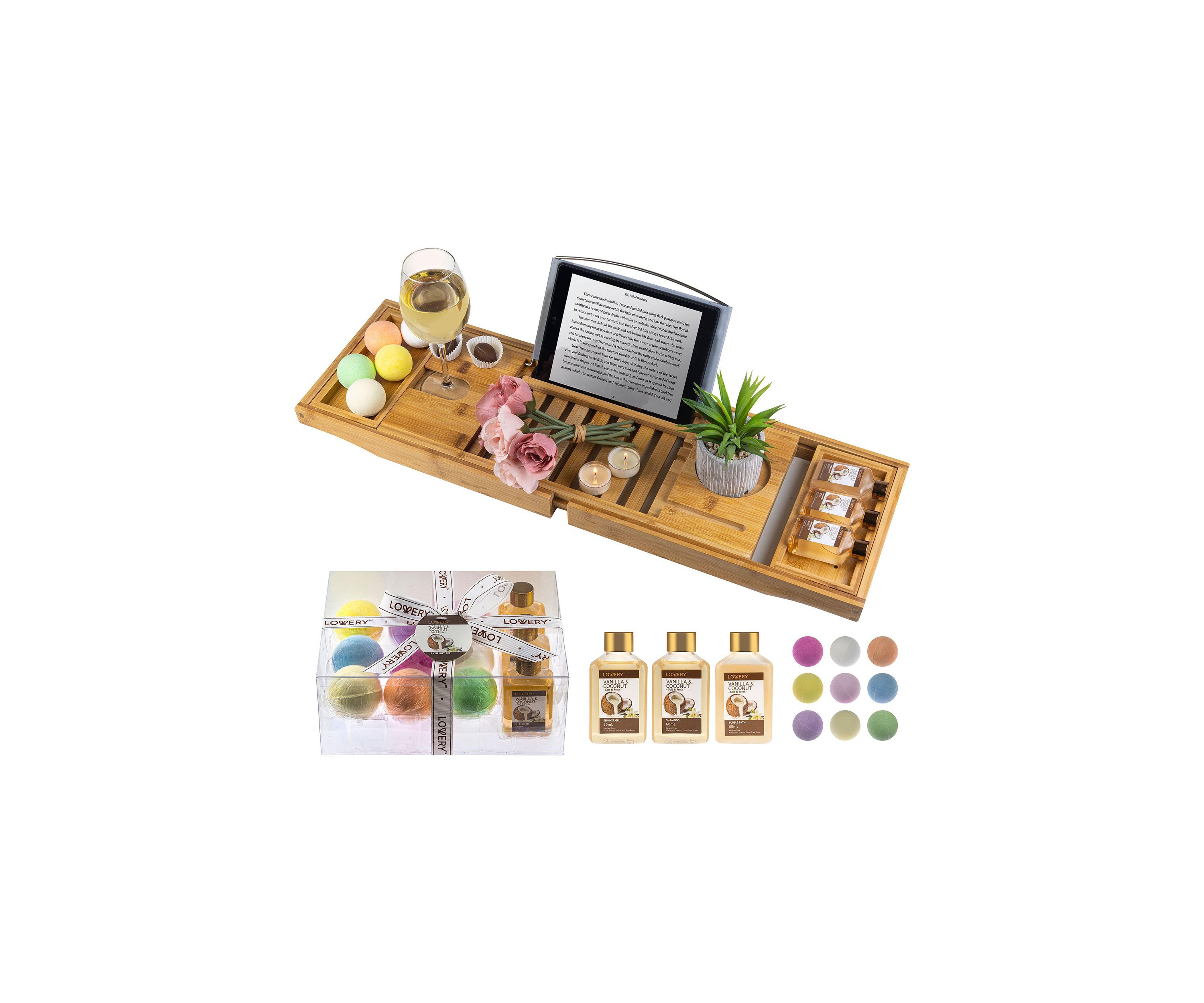 Lovery Premium Bamboo Bathtub Caddy Gift Set - Expandable Tray