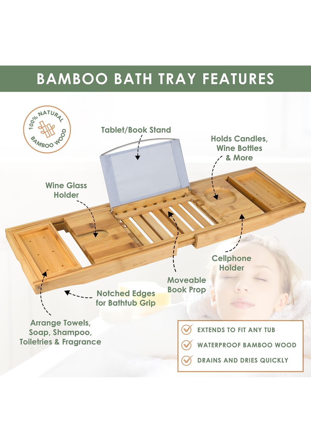 Lovery Premium Bamboo Bathtub Caddy Gift Set - Expandable Tray