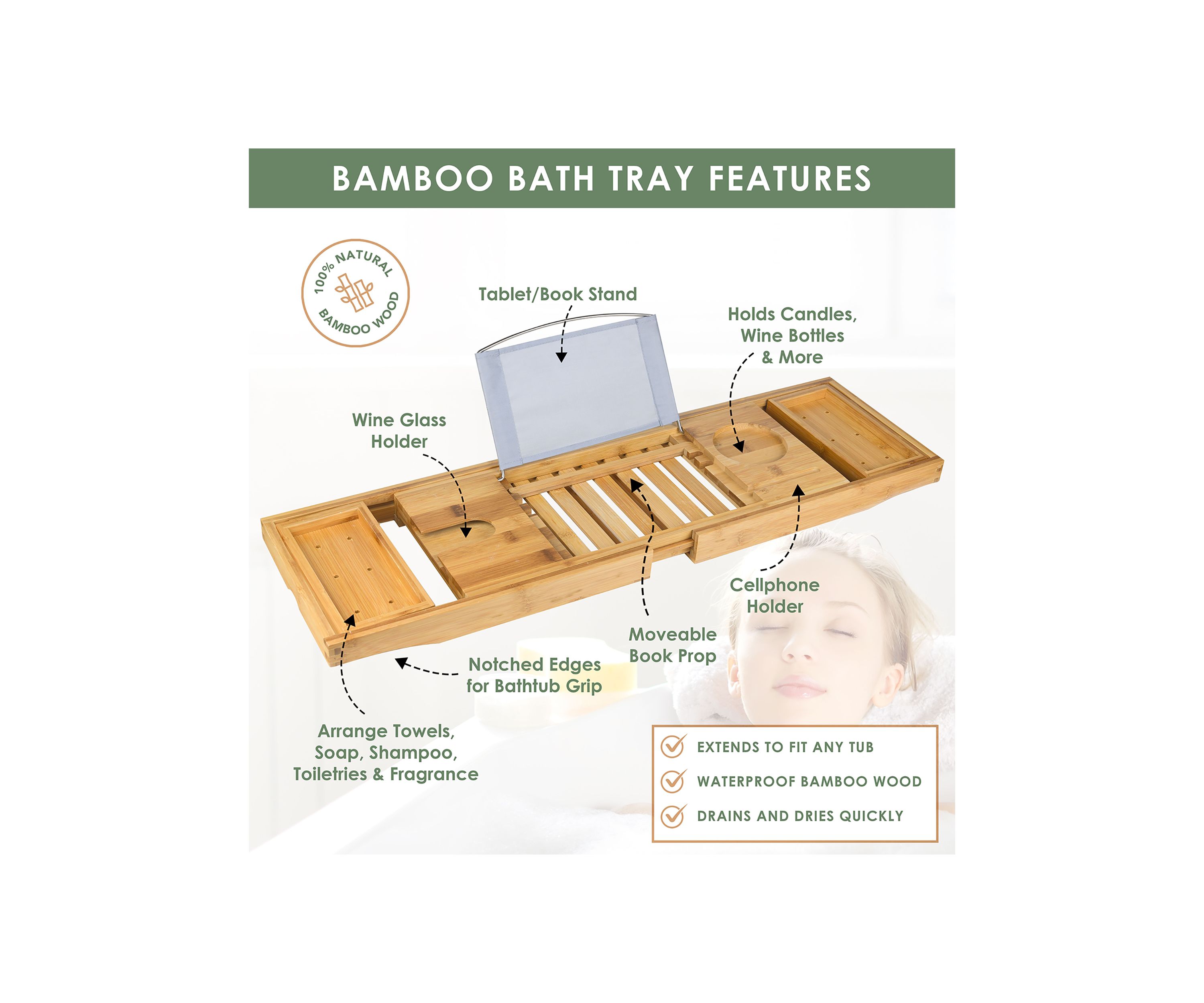 Lovery Premium Bamboo Bathtub Caddy Gift Set - Expandable Tray