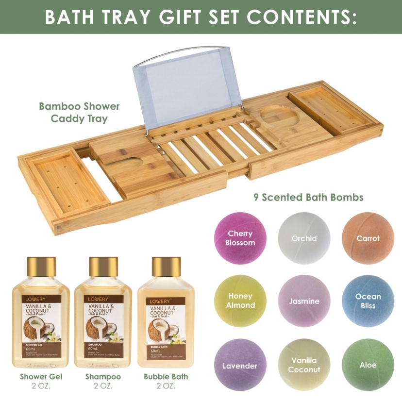 Lovery Premium Bamboo Bathtub Caddy Gift Set - Expandable Tray