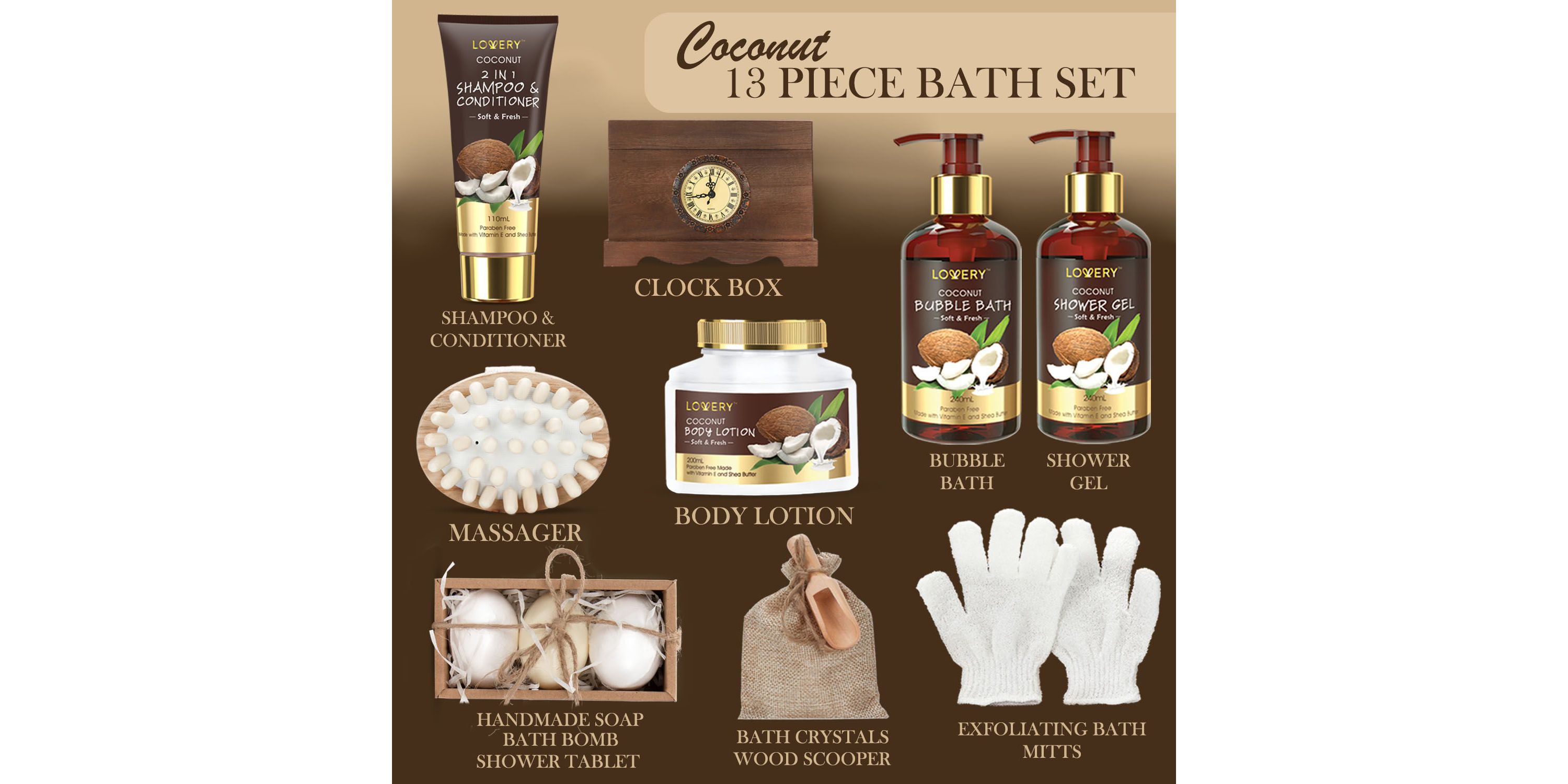 Luxury Bath Gift Set in a Vintage Style Wooden Clock Box – 13 Pc Premium Coconut