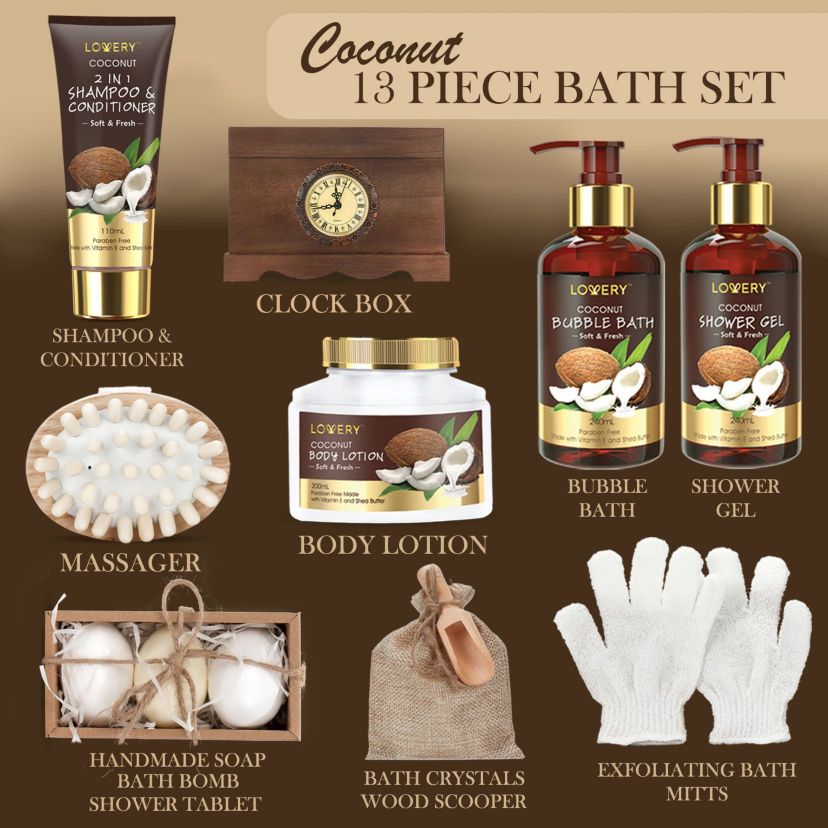 Luxury Bath Gift Set in a Vintage Style Wooden Clock Box – 13 Pc Premium Coconut