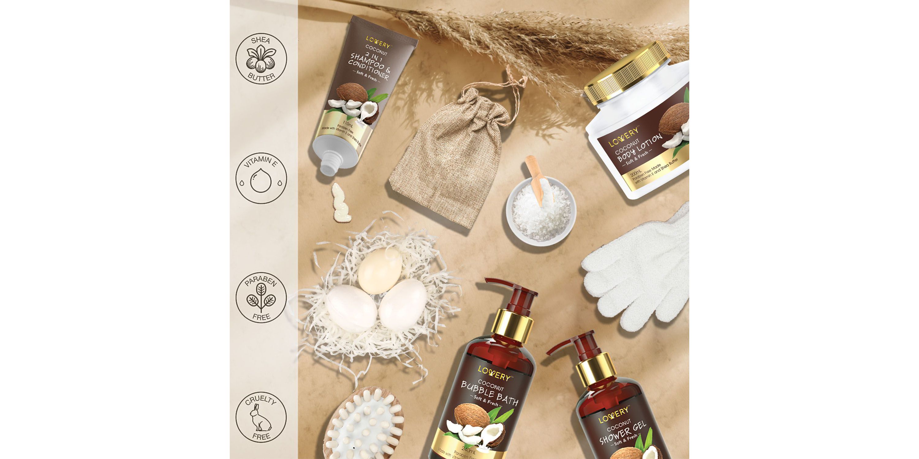 Luxury Bath Gift Set in a Vintage Style Wooden Clock Box – 13 Pc Premium Coconut