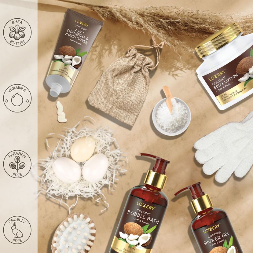 Luxury Bath Gift Set in a Vintage Style Wooden Clock Box – 13 Pc Premium Coconut