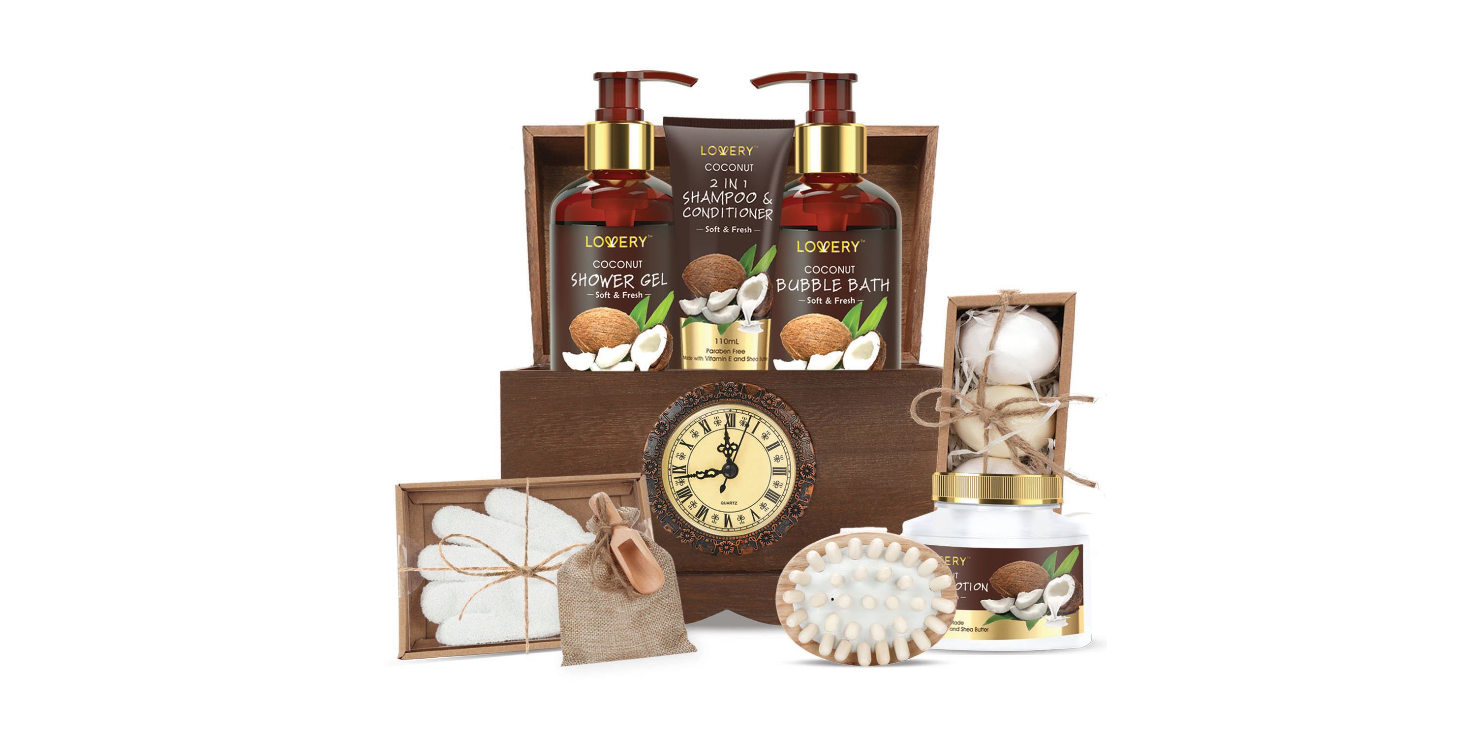 Luxury Bath Gift Set in a Vintage Style Wooden Clock Box – 13 Pc Premium Coconut
