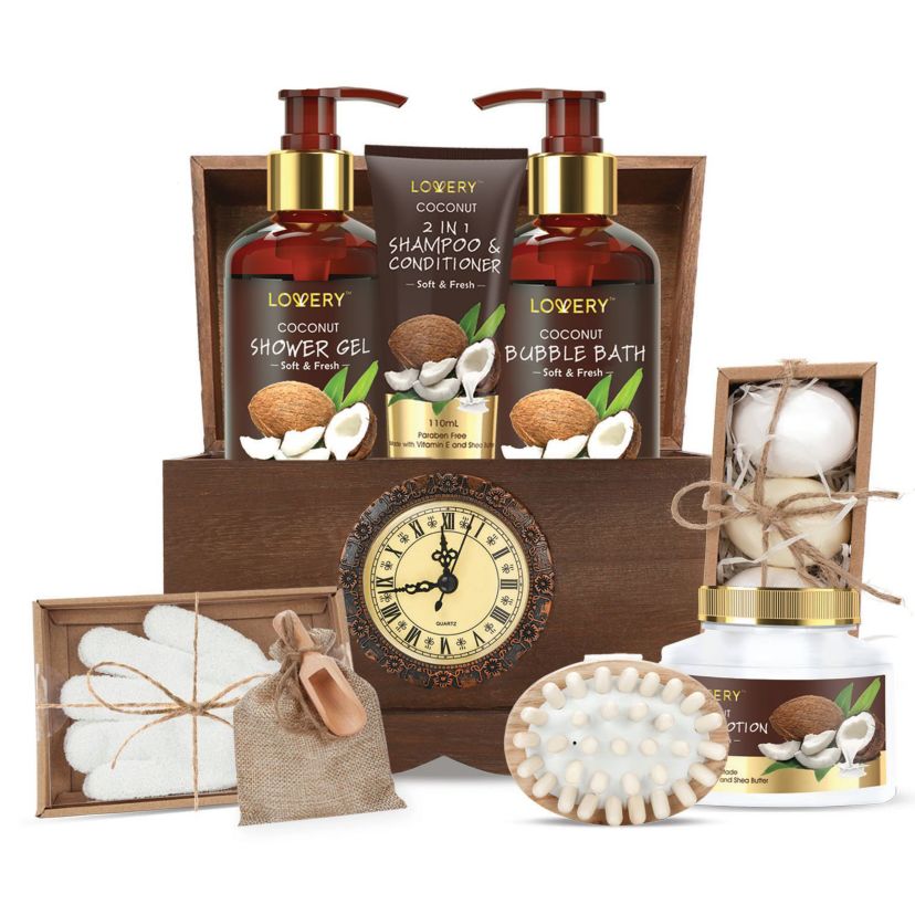 Luxury Bath Gift Set in a Vintage Style Wooden Clock Box – 13 Pc Premium Coconut