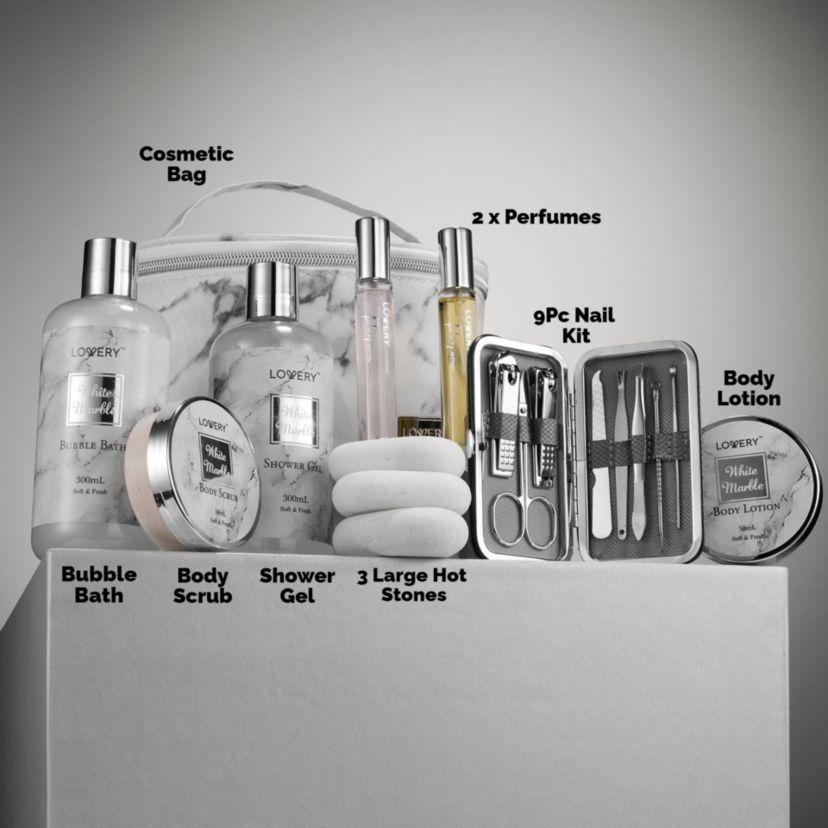 Premium 25pc Massage Kit, White Marble Beauty and Self Care Spa Set with Stones