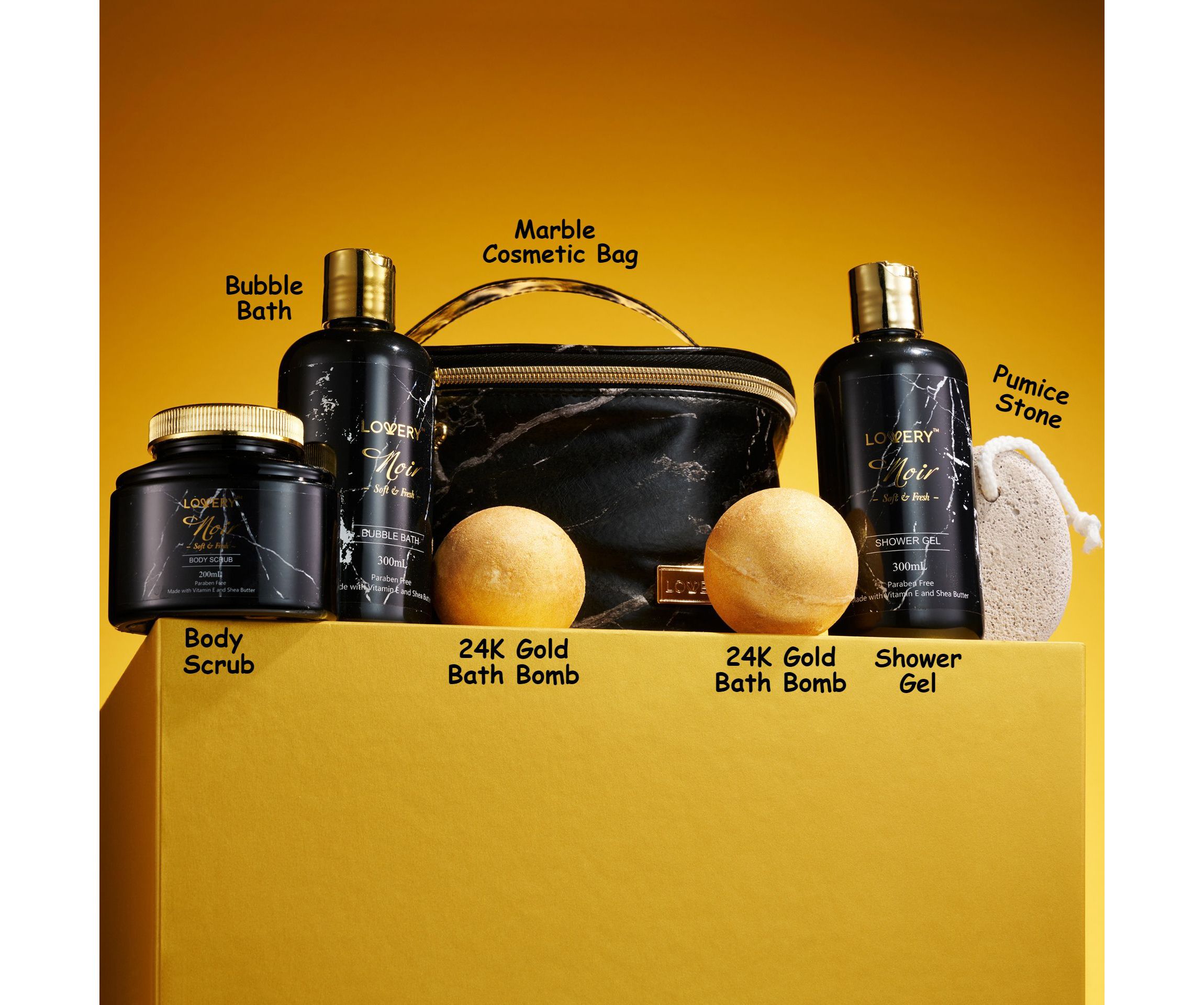 Deluxe Noir Bath and Body Kit with 24 Karate Gold Bath Bombs - Relaxing Spa Bag