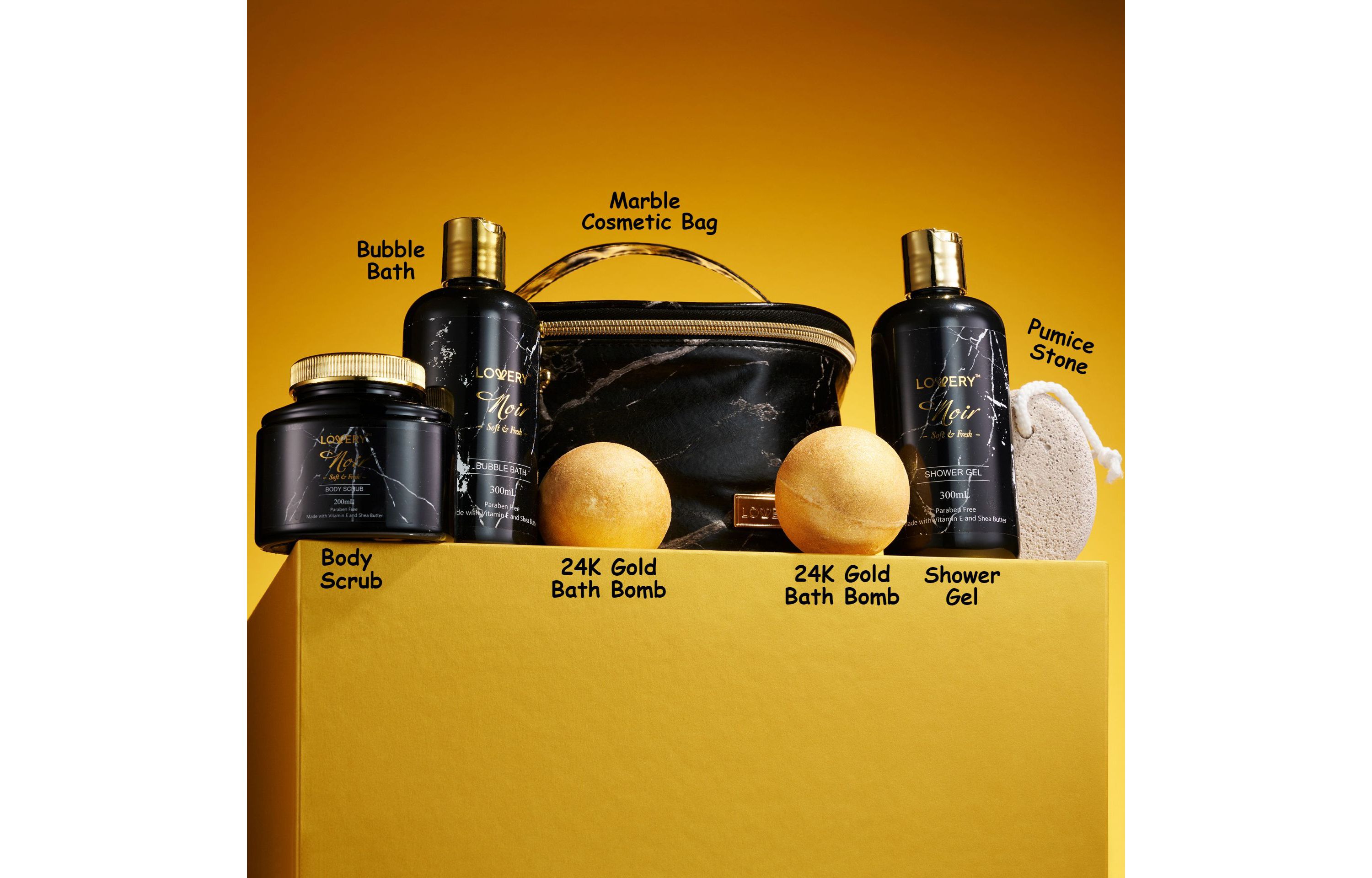 Deluxe Noir Bath and Body Kit with 24 Karate Gold Bath Bombs - Relaxing Spa Bag