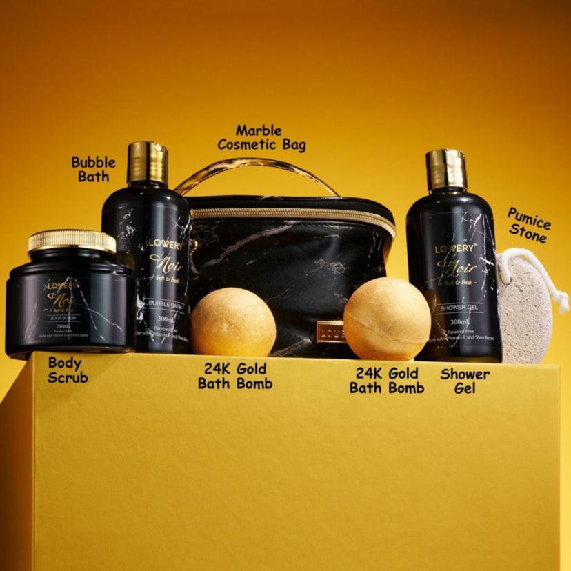 Deluxe Noir Bath and Body Kit with 24 Karate Gold Bath Bombs - Relaxing Spa Bag