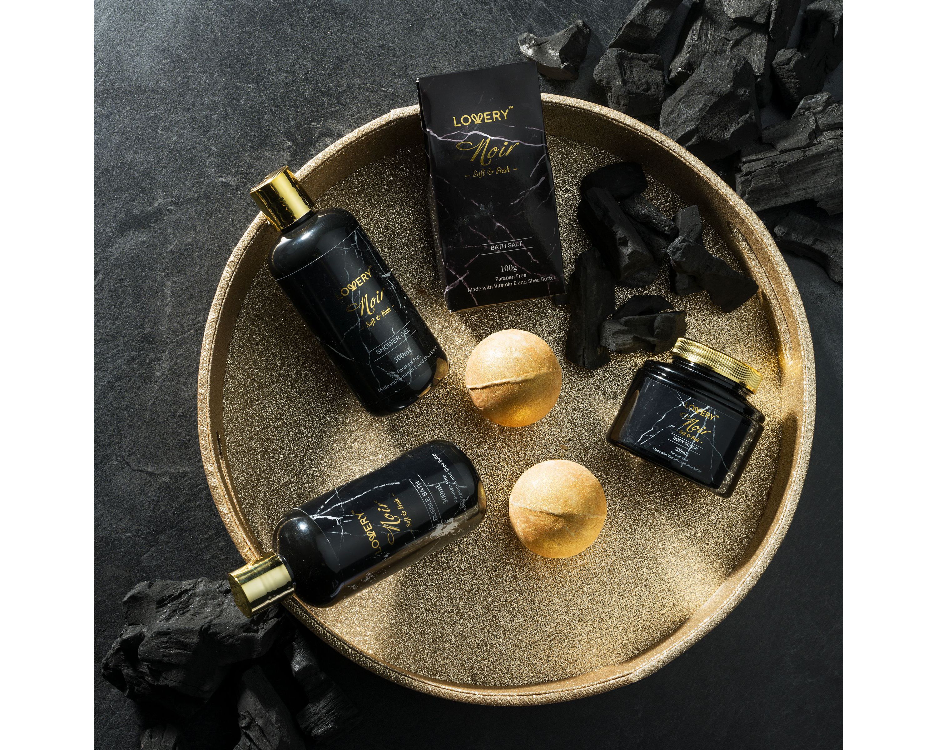 Deluxe Noir Bath and Body Kit with 24 Karate Gold Bath Bombs - Relaxing Spa Bag