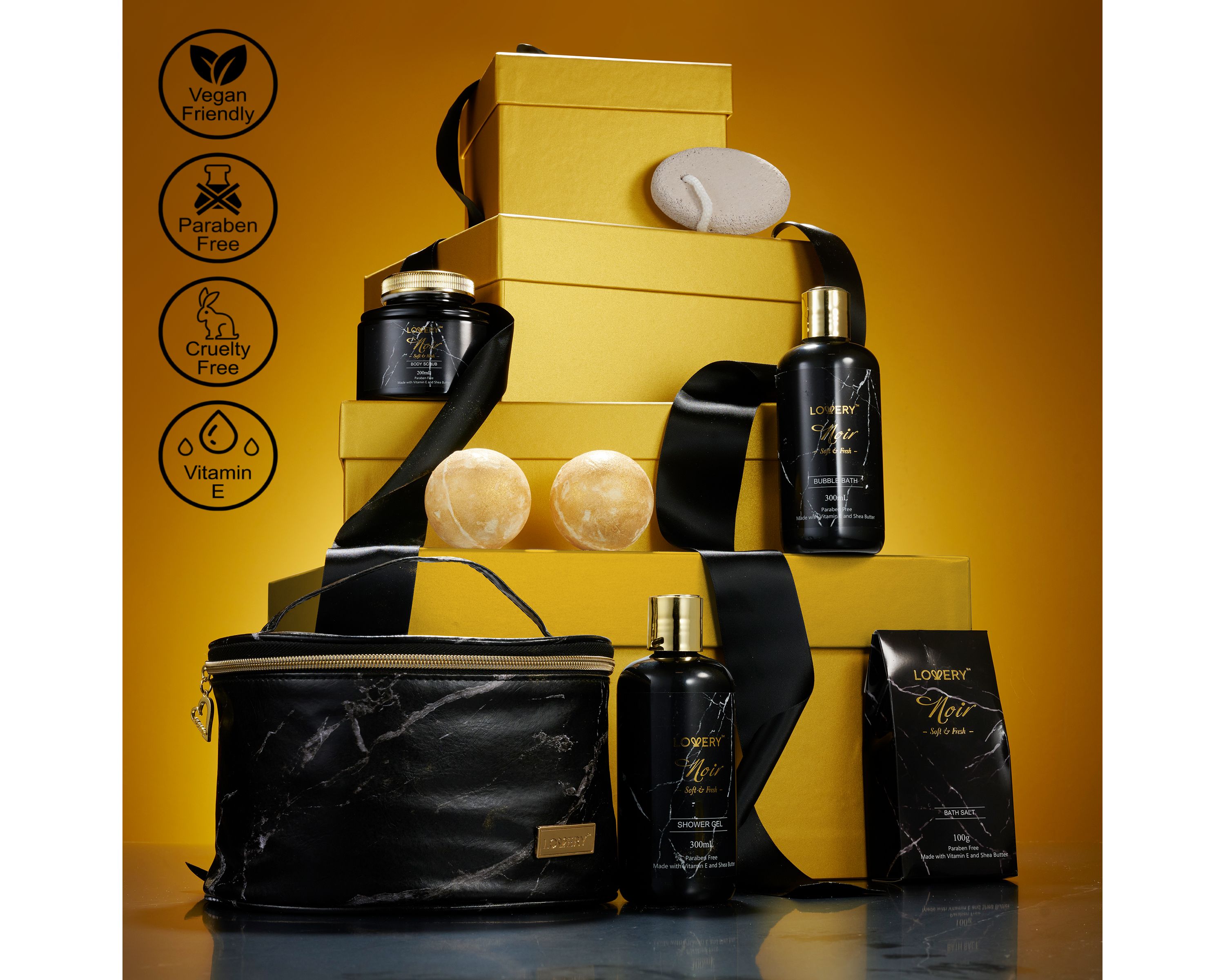 Deluxe Noir Bath and Body Kit with 24 Karate Gold Bath Bombs - Relaxing Spa Bag