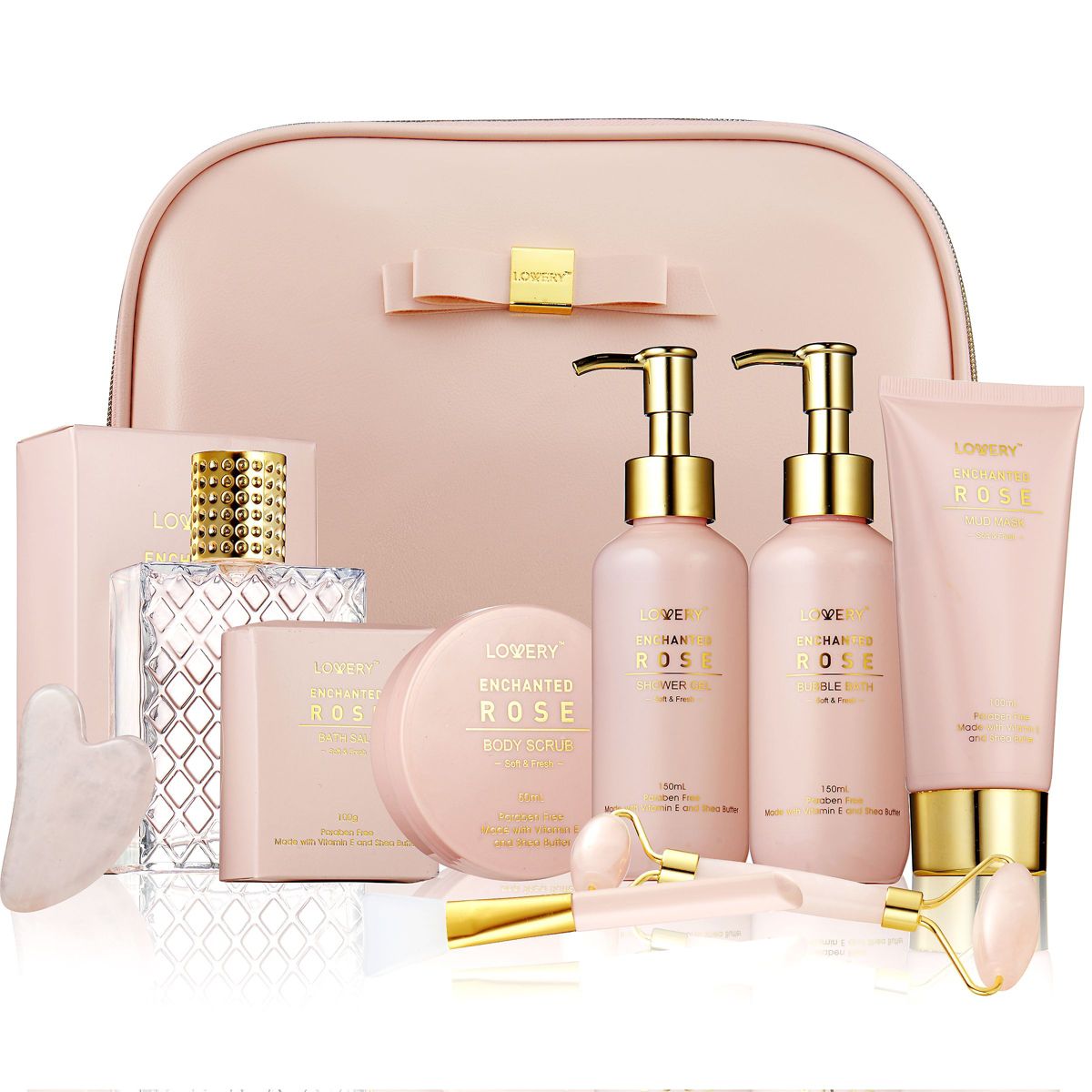 Luxury Enchanted Rose Bath & Body Beauty Kit with Leather Bag, Jade Roller & More
