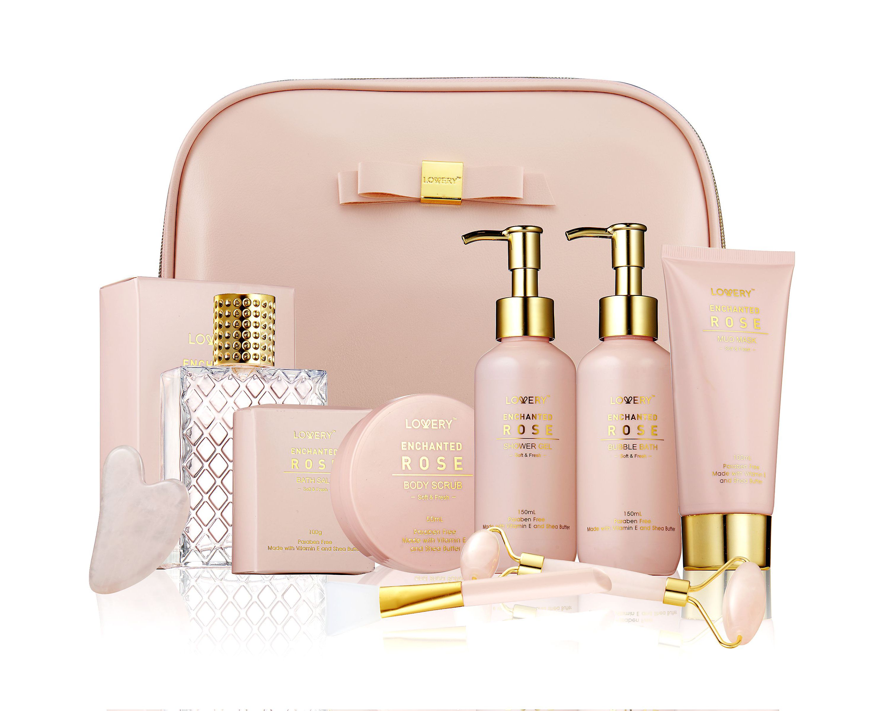 Luxury Enchanted Rose Bath & Body Beauty Kit with Leather Bag, Jade Roller & More