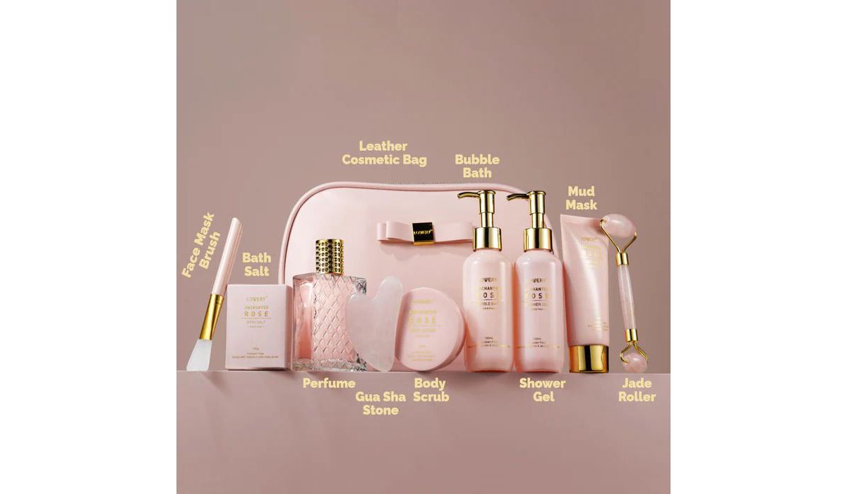 Luxury Enchanted Rose Bath & Body Beauty Kit with Leather Bag, Jade Roller & More