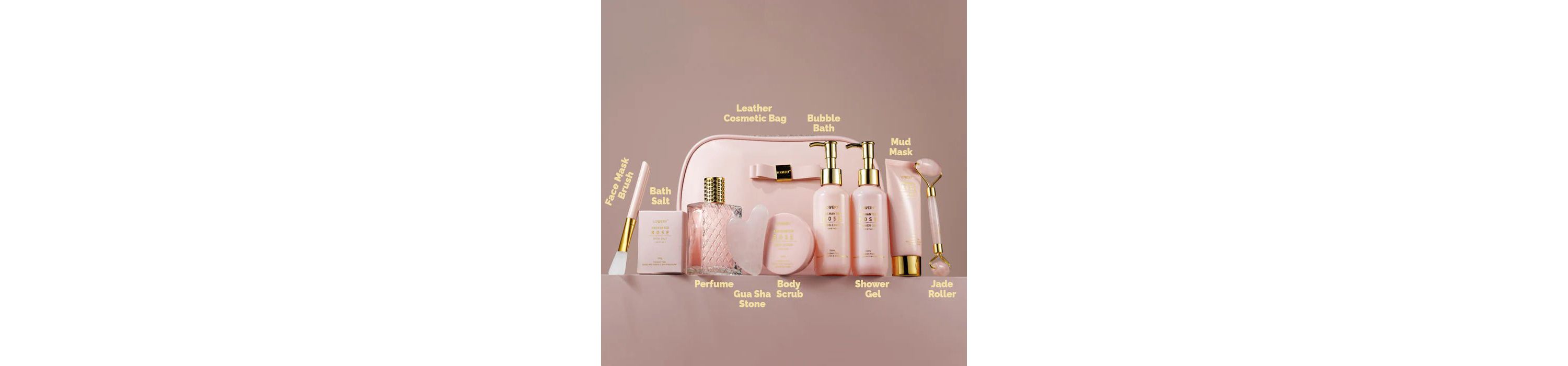 Luxury Enchanted Rose Bath & Body Beauty Kit with Leather Bag, Jade Roller & More