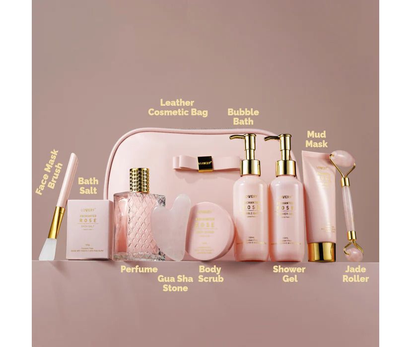 Luxury Enchanted Rose Bath & Body Beauty Kit with Leather Bag, Jade Roller & More