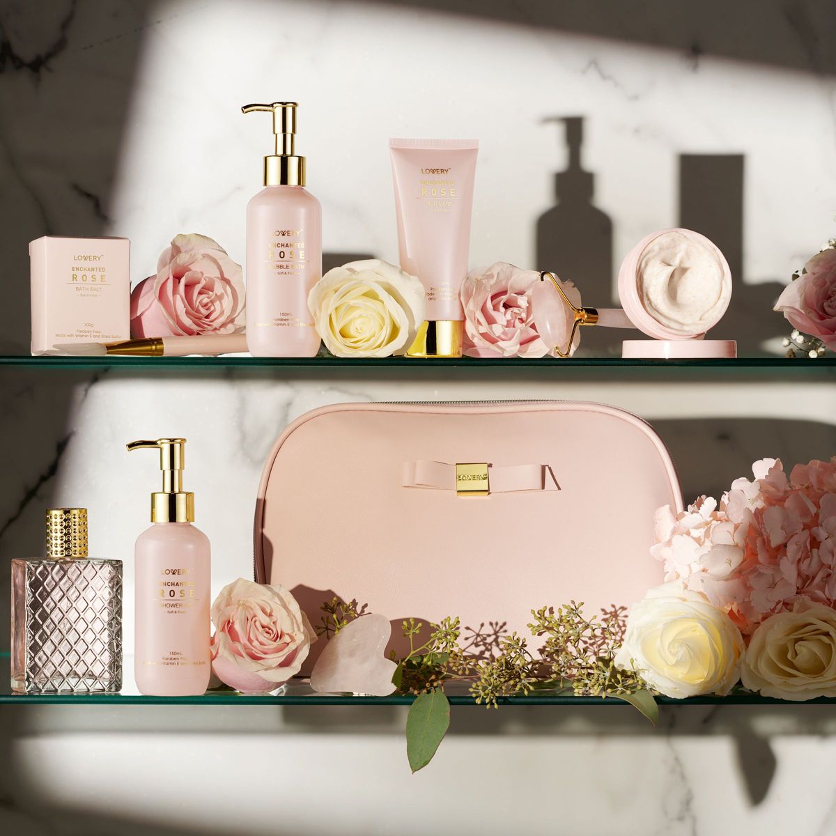 Luxury Enchanted Rose Bath & Body Beauty Kit with Leather Bag, Jade Roller & More
