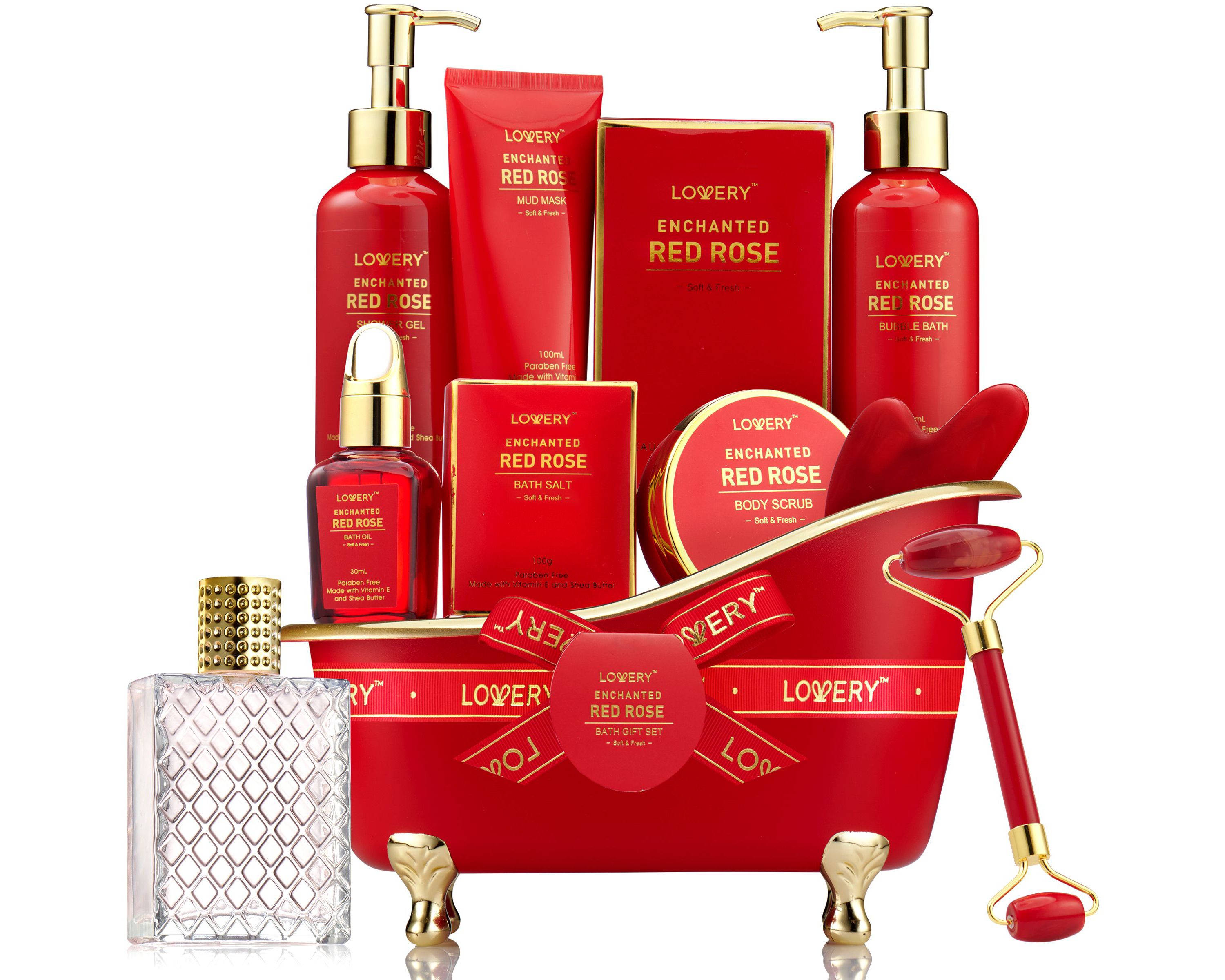 Luxe 11pc Red Rose Bath and Body Set with Perfume, Jade Roller, Gua Sha & More
