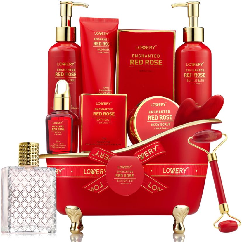 Luxe 11pc Red Rose Bath and Body Set with Perfume, Jade Roller, Gua Sha & More