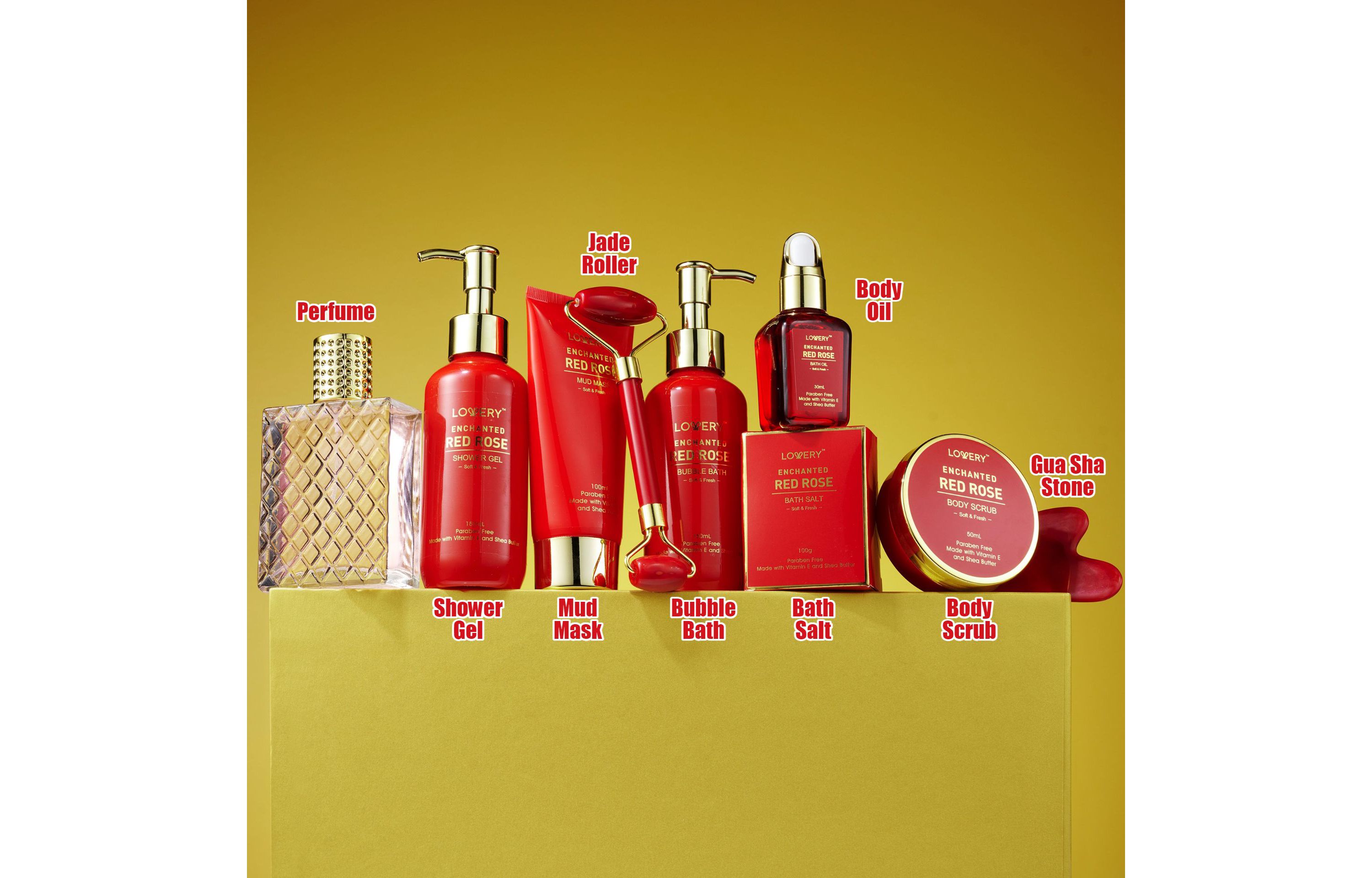 Luxe 11pc Red Rose Bath and Body Set with Perfume, Jade Roller, Gua Sha & More