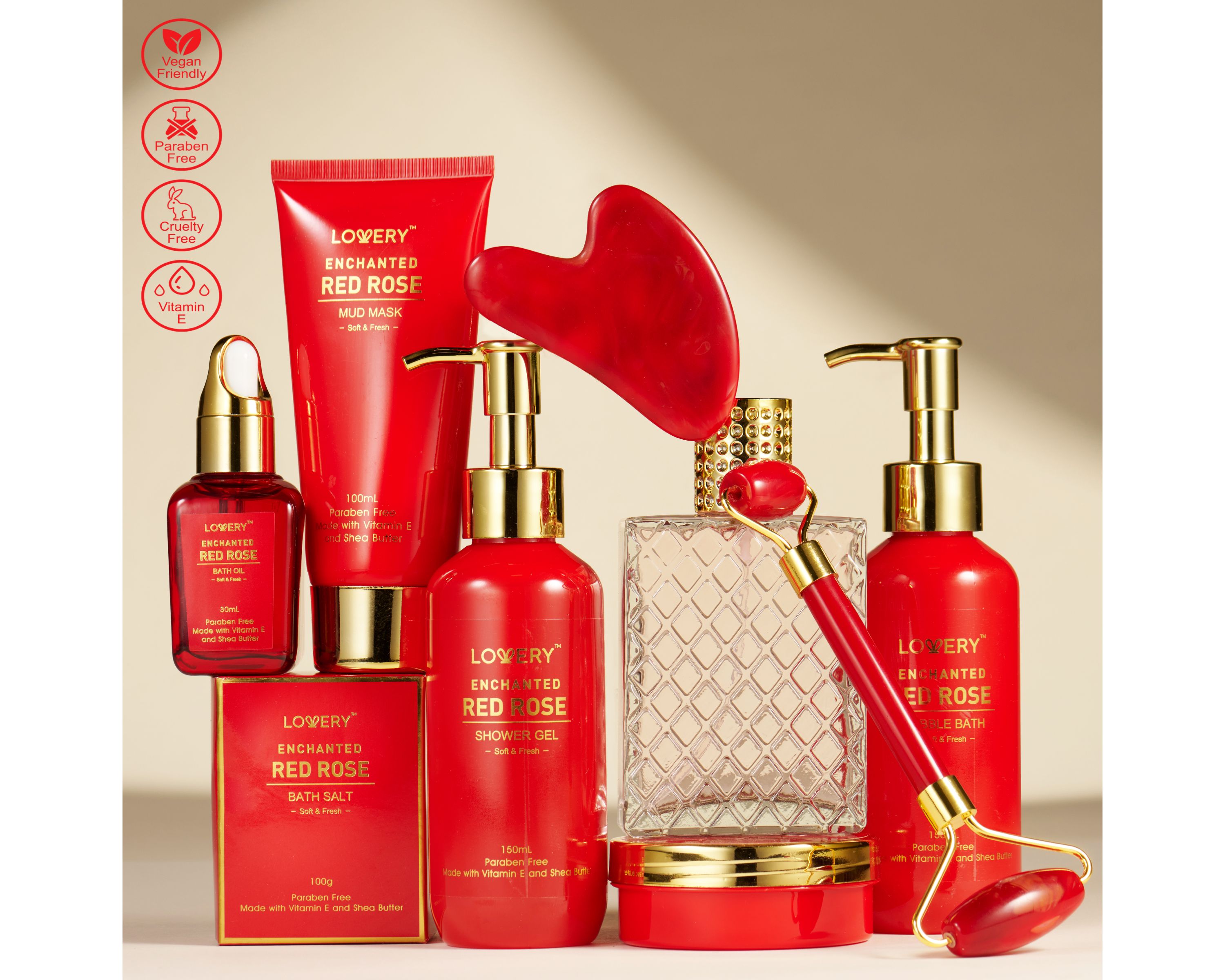 Luxe 11pc Red Rose Bath and Body Set with Perfume, Jade Roller, Gua Sha & More