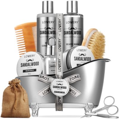 Lovery Luxury Silver Mens Bath and Body Gift Set, Sandalwood Selfcare Beard Grooming Kit