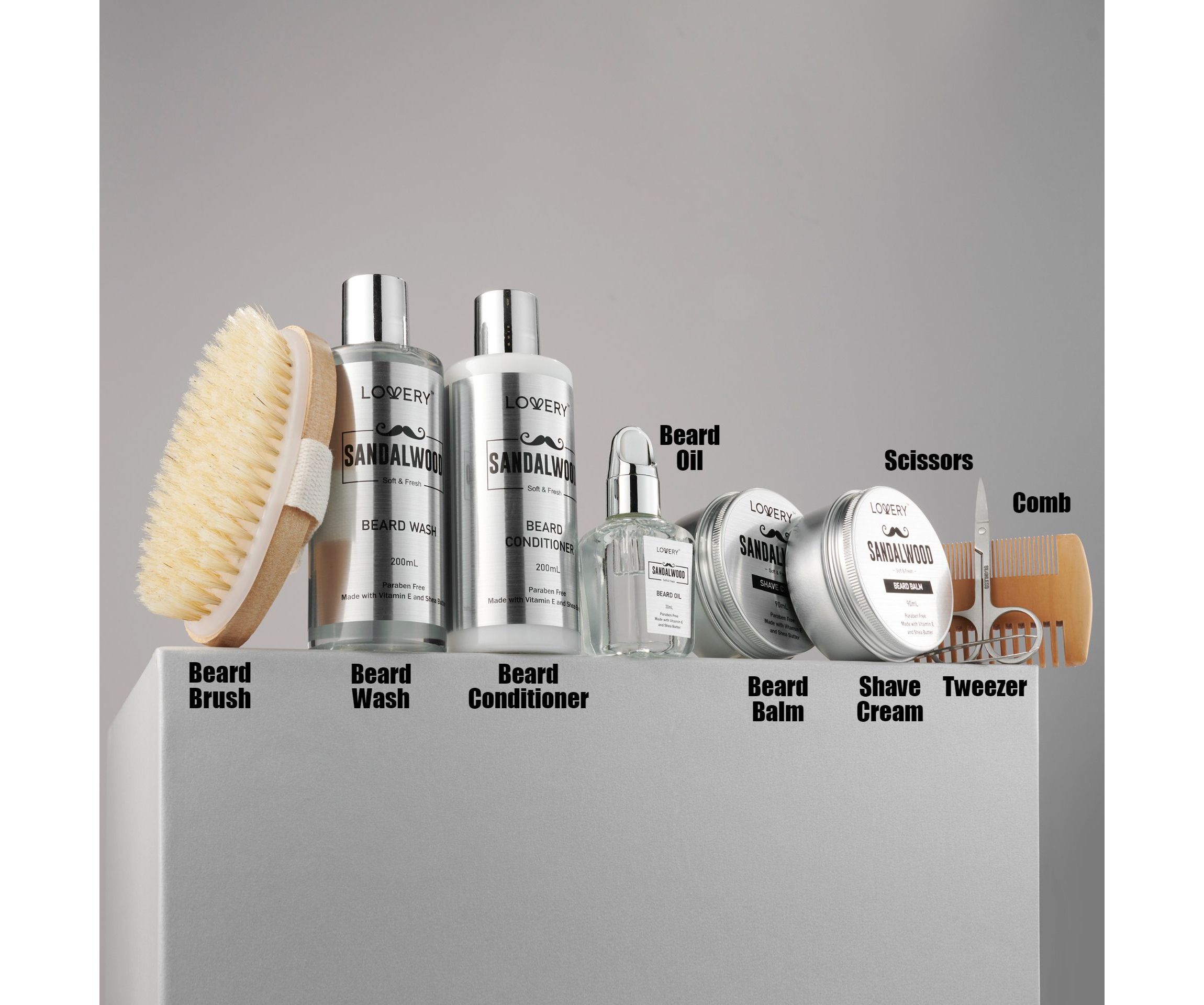 Luxury Silver Mens Bath and Body Gift Set, Sandalwood Selfcare Beard Grooming Kit