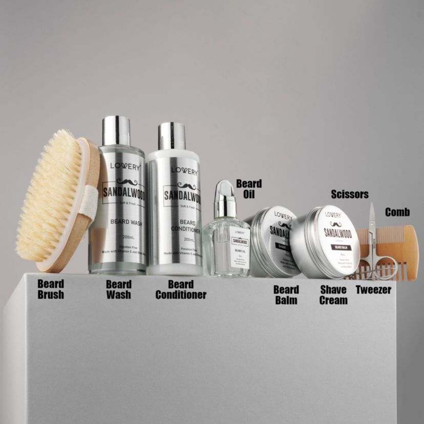 Luxury Silver Mens Bath and Body Gift Set, Sandalwood Selfcare Beard Grooming Kit