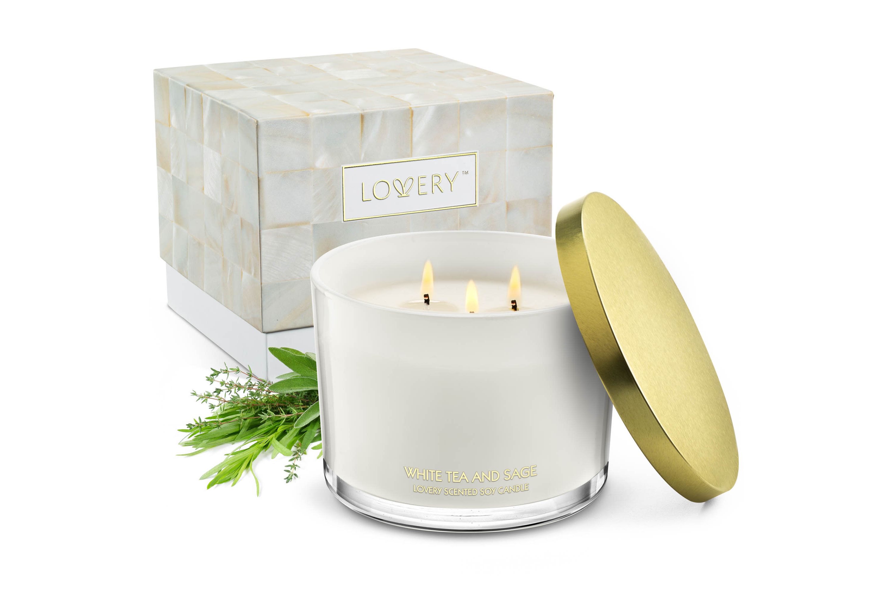 Deluxe White Tea & Sage Candle Gift Set, 3 Wick Aromatherapy Candles